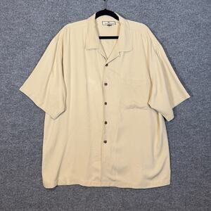 Tommy Bahama Shirt Mens XL Beige Silk Short Sleeve Button Up Pocket Hawaiian